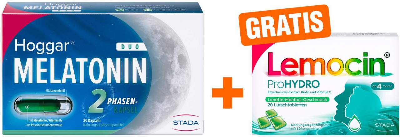 Hoggar Melatonin Duo 30 Kapseln + gratis Lemocin ProHydro 20 Lutschtabletten
